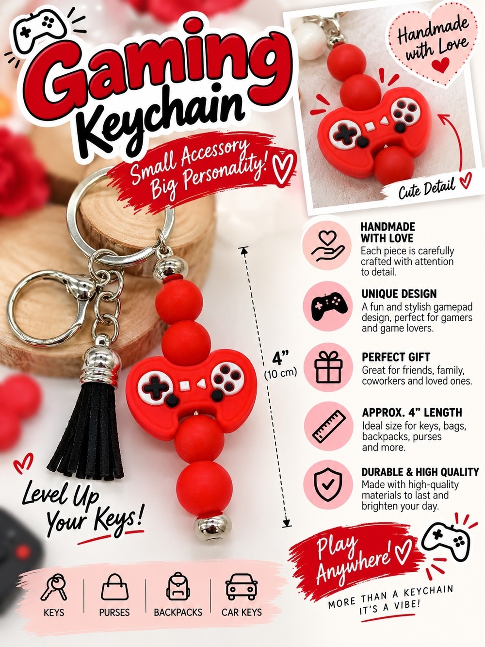 A83. Gaming Controller Keychain Red & Black NWT